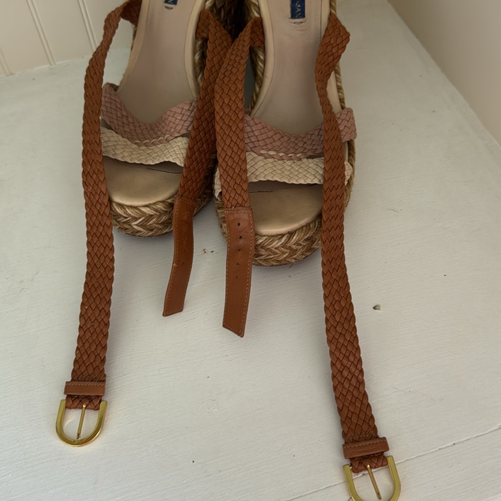 Stuart Weitzman Elsie Woven Wedges/3 tone cream/brown/beige/Braided accent/jute. - Picture 7 of 10